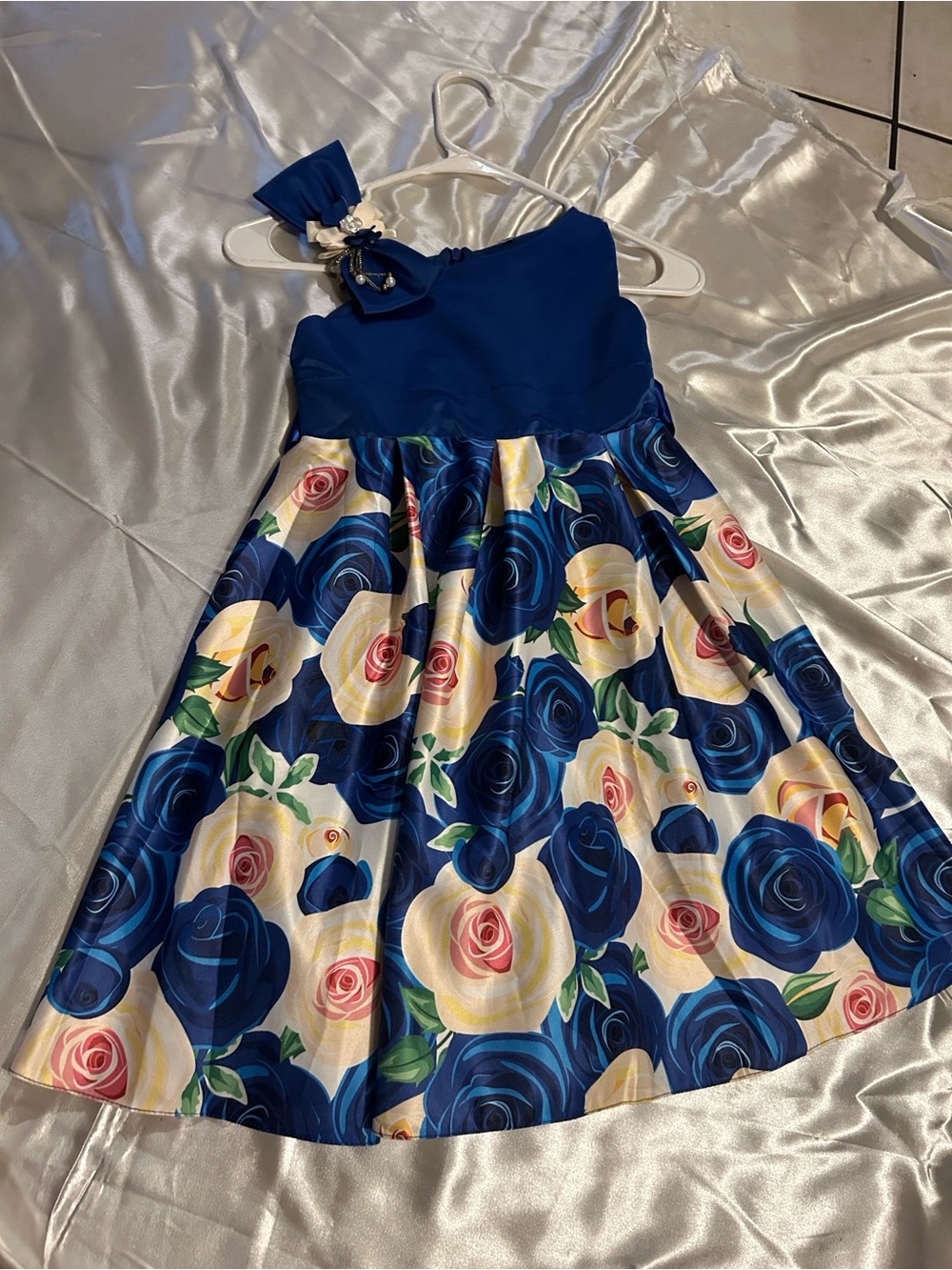Amazon Blue Floral Satin Party Dress for Girls